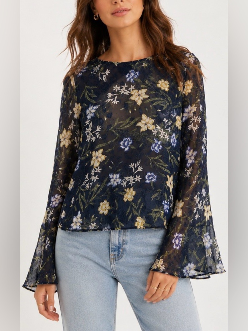 ASTR The Label Blue Floral Bell Sleeve Anya Top Blouse Size S Sheer Boho Cut Out